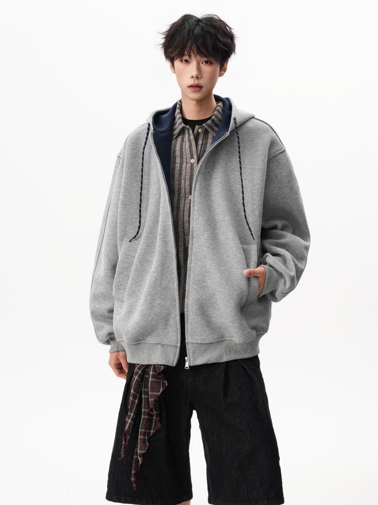 Unisex American Heavyweight Colorblock Hoodie, Trendy Loose College Style Zippered Jacket for Spring & Autumn.