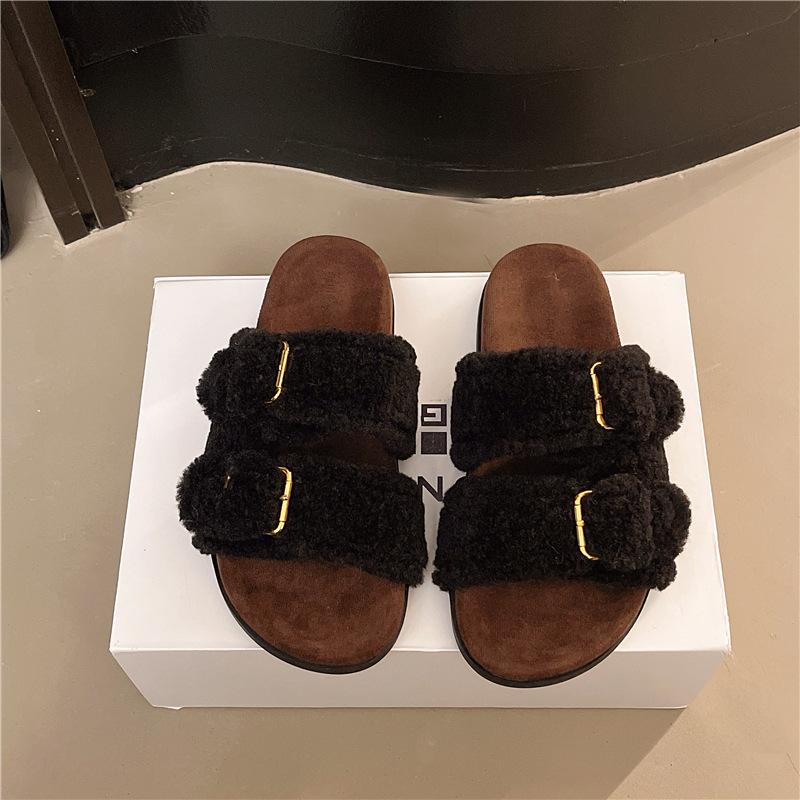 

2025 новая весенне-осенняя обувь на плоской подошве, удобная, с мягким мехом, с ремешком и пряжкой, женская, модная обувь с открытым носком, женская трендовая обувь, детская 40 чёрный