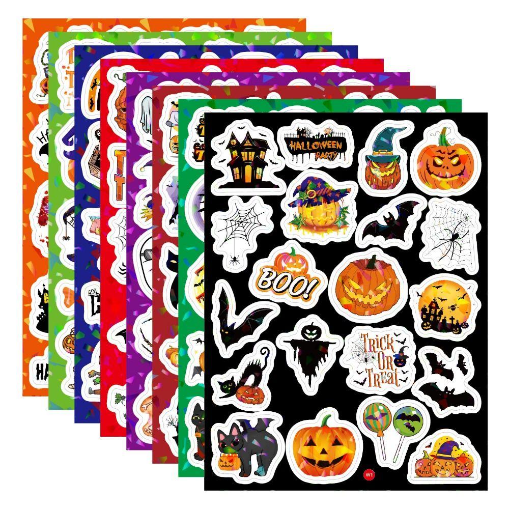 160PCS 8 Sheets Cartoon Spider Pumpkin Halloween Stickers Ghost Bat Scary Sticker  Party Supplies