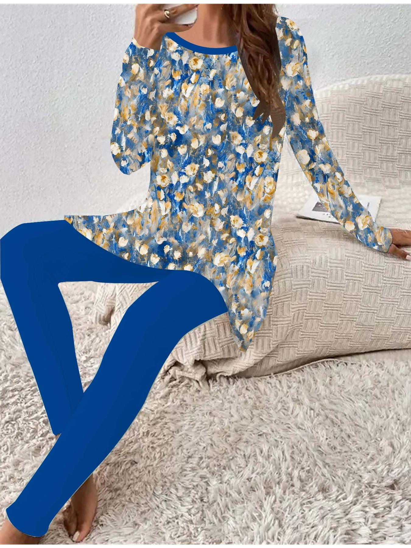

Євро-американська мода Жіноча футболка з довгим рукавом на чотири сезони + довгі штани Набір з двох предметів з 3D квітковим принтом. Ідеальний подарунок на Новий рік та Різдво 8XL синій