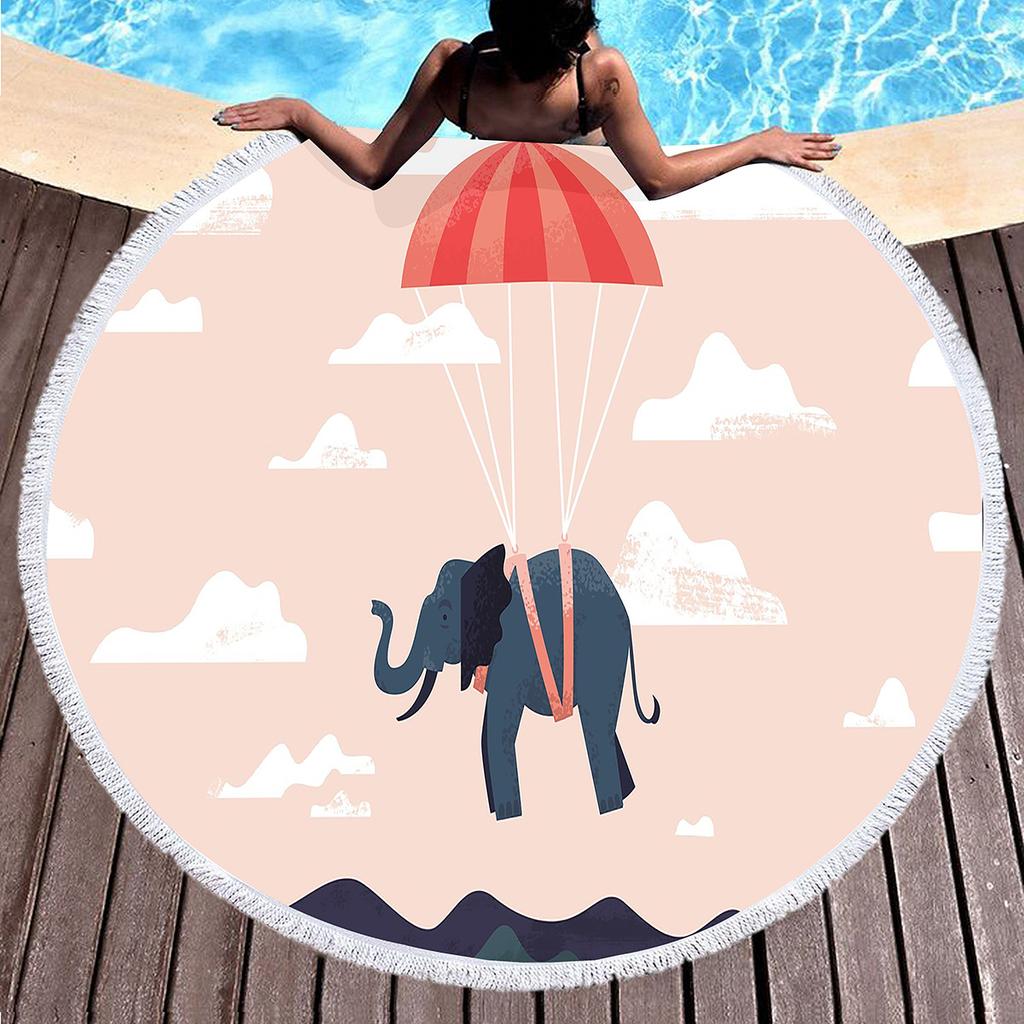 Wild Animal Elephant Round Beach Towel with Tassels Microfiber Soft Absorbent Quick Dry Sand Proof Towel For Picnic Camping Yoga