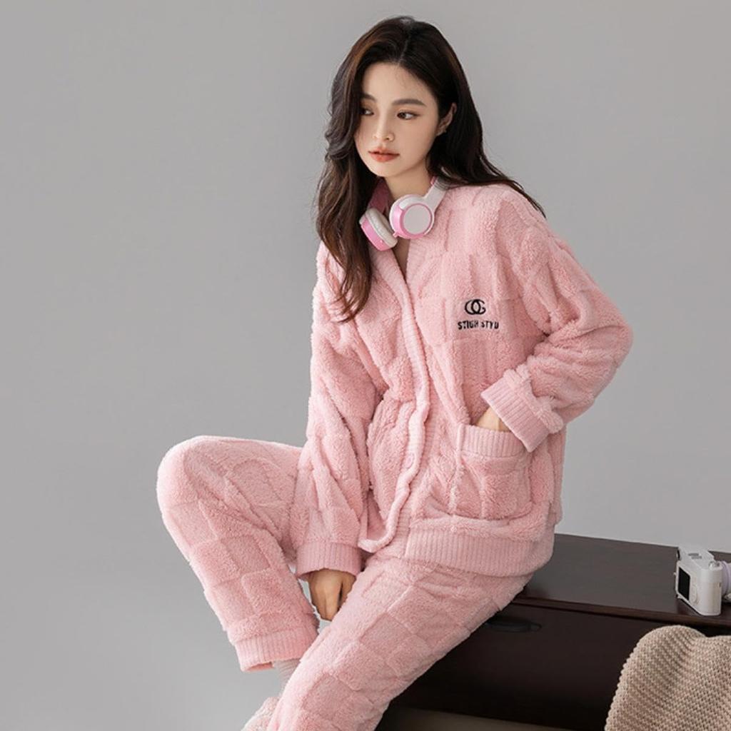 CORELAVISH Cute Long Sleeve Loungewear Set with Perfect for and Fluffy Top and Bottom Available in Pink and Also Plus Size and Loose Perfect for
