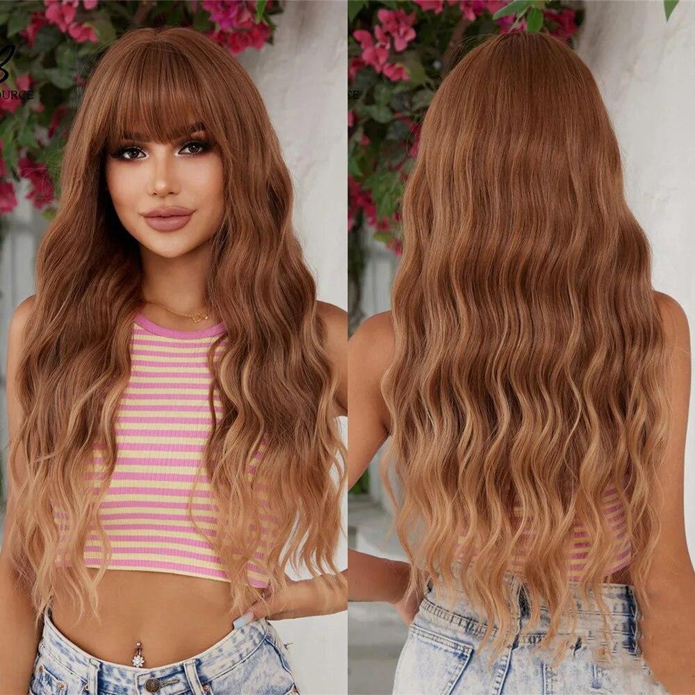 ALAN EATON Blonde lange gewellte Perücken mit rosa Highlights, Ombre-Blonde Perücke mit Pony, buntes Party-Haar für den Alltag, hitzebeständige Faser