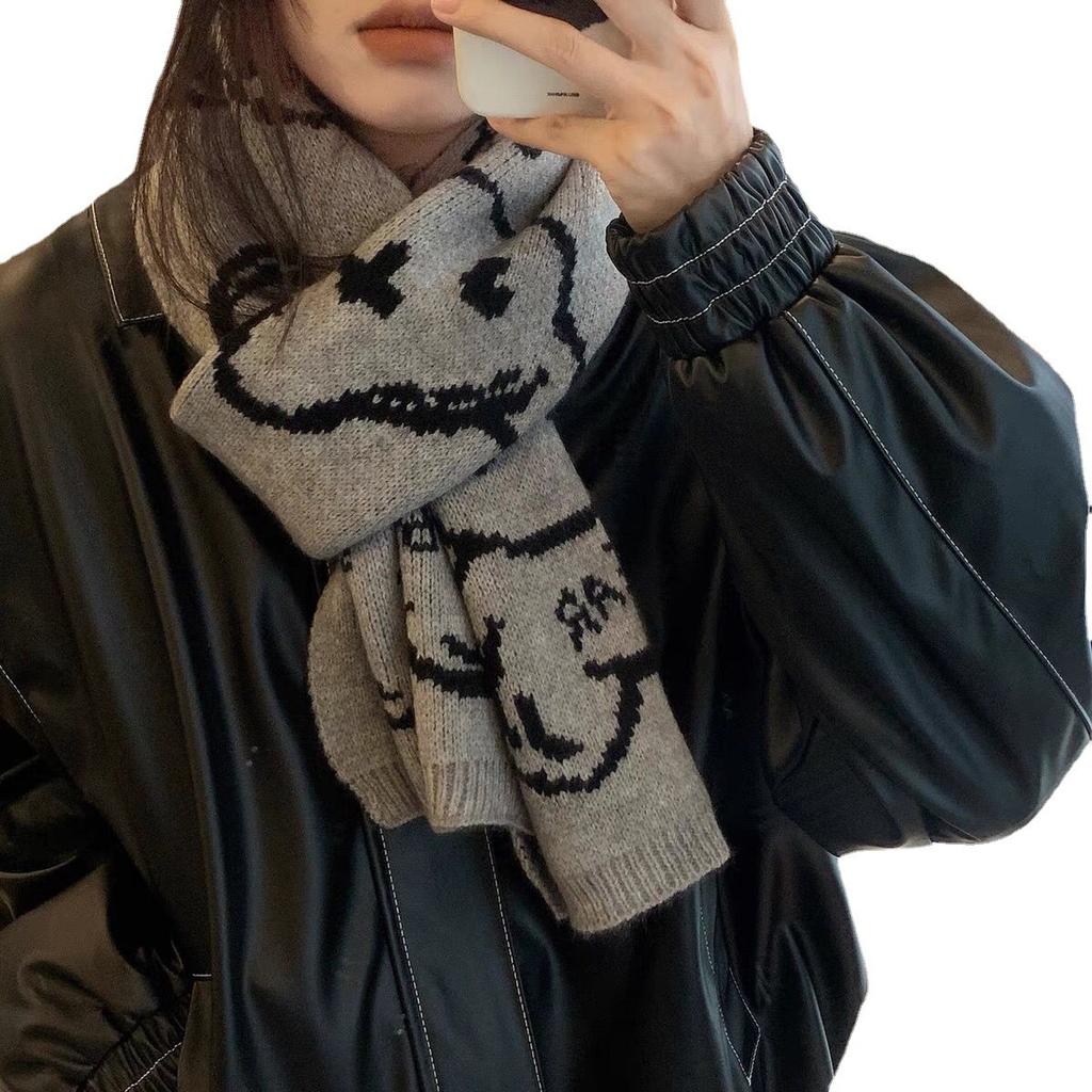Autumn and Winter Warm Long Couple Scarf Student Korean Version Double-sided Printing Cute Bear Knitted Scarf Female