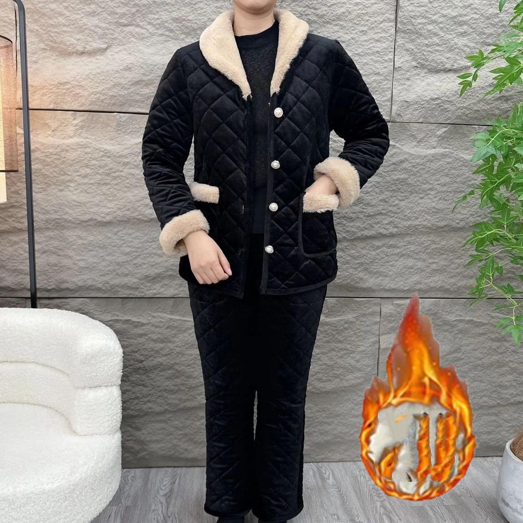Fashion Mother Winter Clothes Plus Velvet Thick Padded Jacket Suit Middle-aged and Elderly Winter Warm Padded Jacket Cotton Trousers Two-piece Suit
