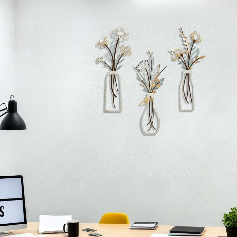 Set of 3 Metal Floral Wall Hangings Minimalists Flower Vases Line Art Wall Decors Sculptures for Living Room and Bedroom
