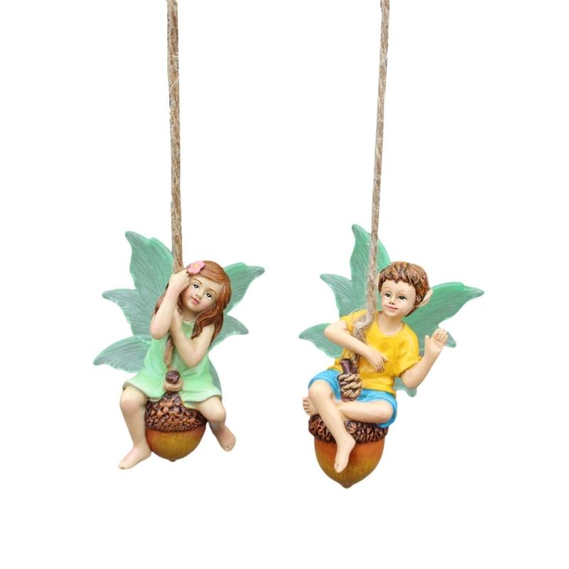 

2PCs Artistic Resins Fairies Boy and Girl on Pinecone Swing Hanging Figurines Outdoor Home Garden Decoration Ornaments 1