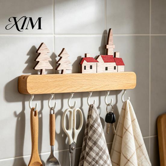 Multi Purpose Wall Mount Rack Key Holder with 6 Hooks, Solid Wood Entryway Organizer Rack, Decorative Hooks for Home Mounted Space Saving Hook