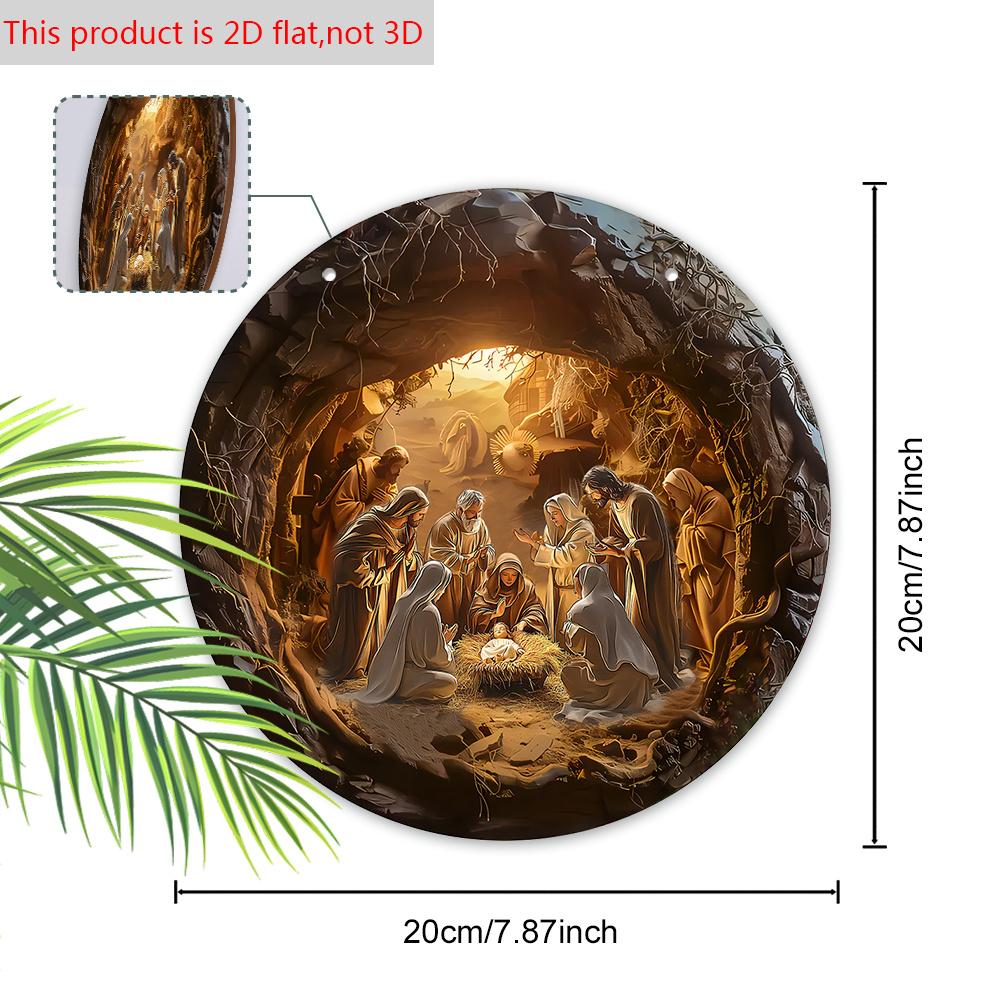 Vintage Nativity Scene Wooden Sign, Jesus Was Born In A Cave Round Sign for Front Door Wall Hanging Decor, Ideal Christmas Gift