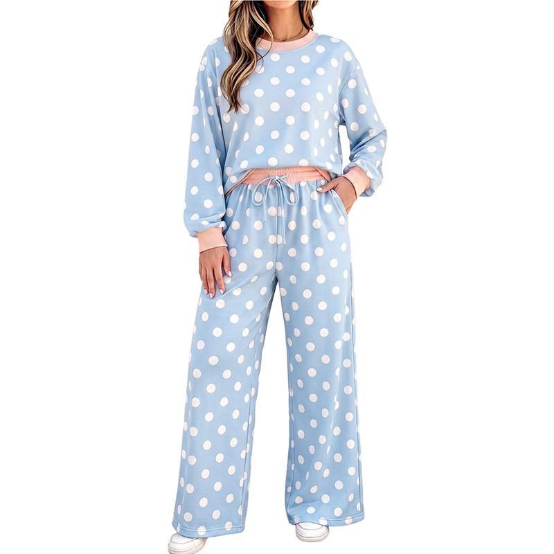 Womens Polka Dot Casual Two-Piece Set With Multiple Pockets Long Sleeve Hoodie Pants Soft Stretch Fabric
