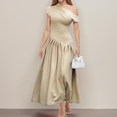 2025 New Women's Clothing Fashion Temperament Slanted Shoulder Pleated Waist Pendulum Dress