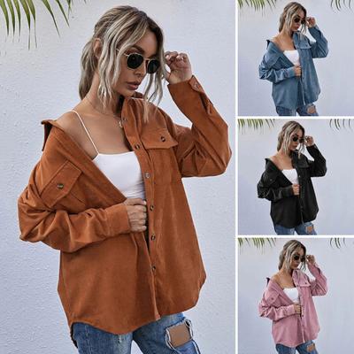Spring Fall Coat with Chest Pockets Button-down Turn-down Collar Solid Color Corduroy Jacket Loose Casual Outerwear for Travel Work