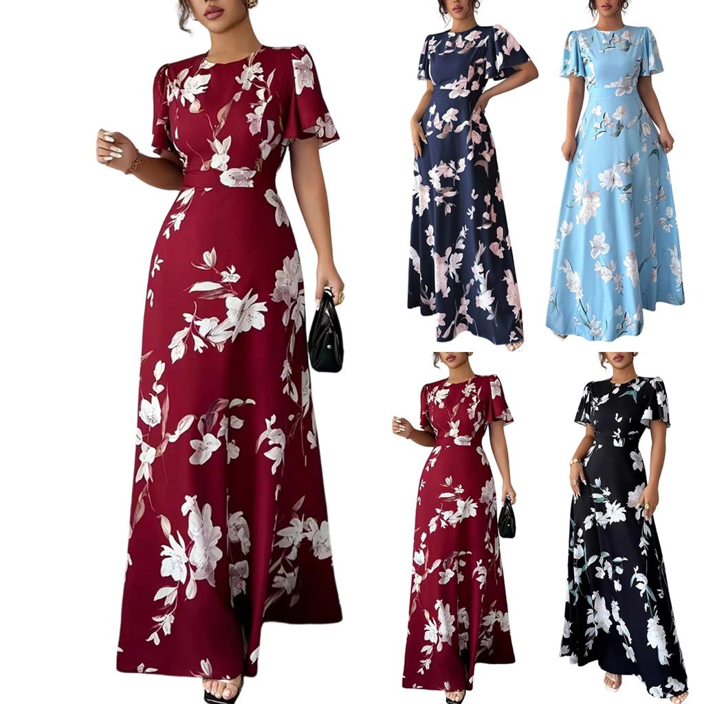 Women's Fashionable Round Neck Short Sleeved Floral Print Waist Cinched Bohemian Dress