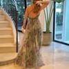 Women's Mesh Spaghetti Strap Maxi Dress Deep V Neck Backless Evening Dress Floral Printed
