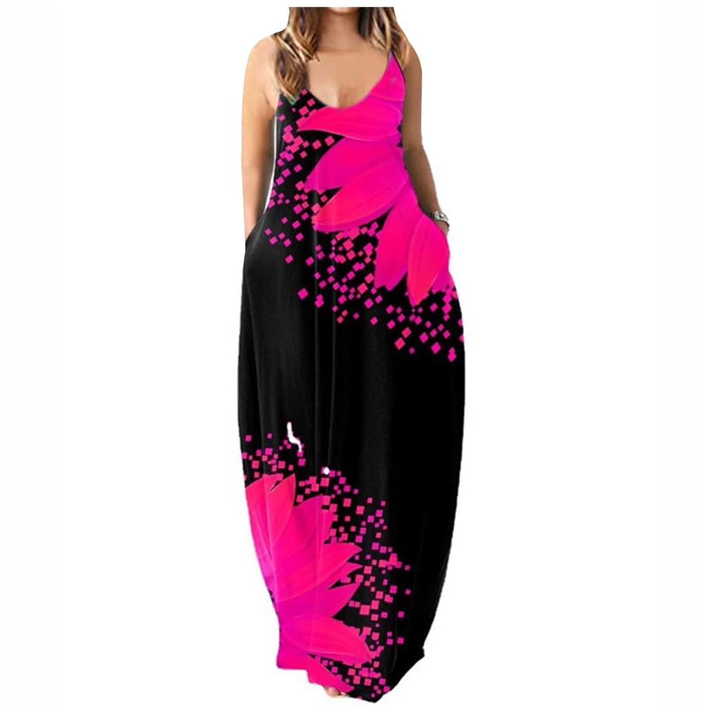 Women's Casual Summer Printed Spaghetti Strap Maxi Dress Loose Fit Sleeveless Long Dress with Pockets Lightweight Comfortable