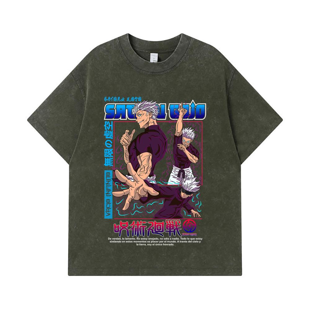 

275 GSM Washed T-shirts 100% Cotton Jujutsu Kaisen V25 Gojo Print Unisex Heavy Cotton T Shirt S армия зеленый
