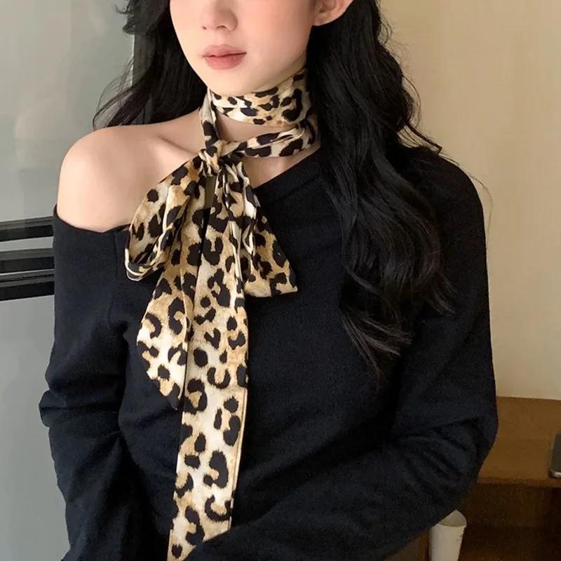 Leopard Small Long Silk Scarf Belts for Women Chiffon Strap Winter Warm Windproof Y2k Irregular Scarf Waste World Punk Party