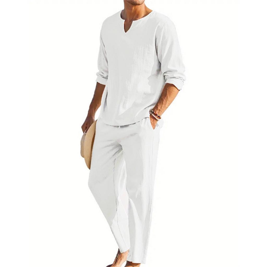 Men's Summer Cotton Linen Color Loose V-Neck Long-Sleeved Top Trousers Suit