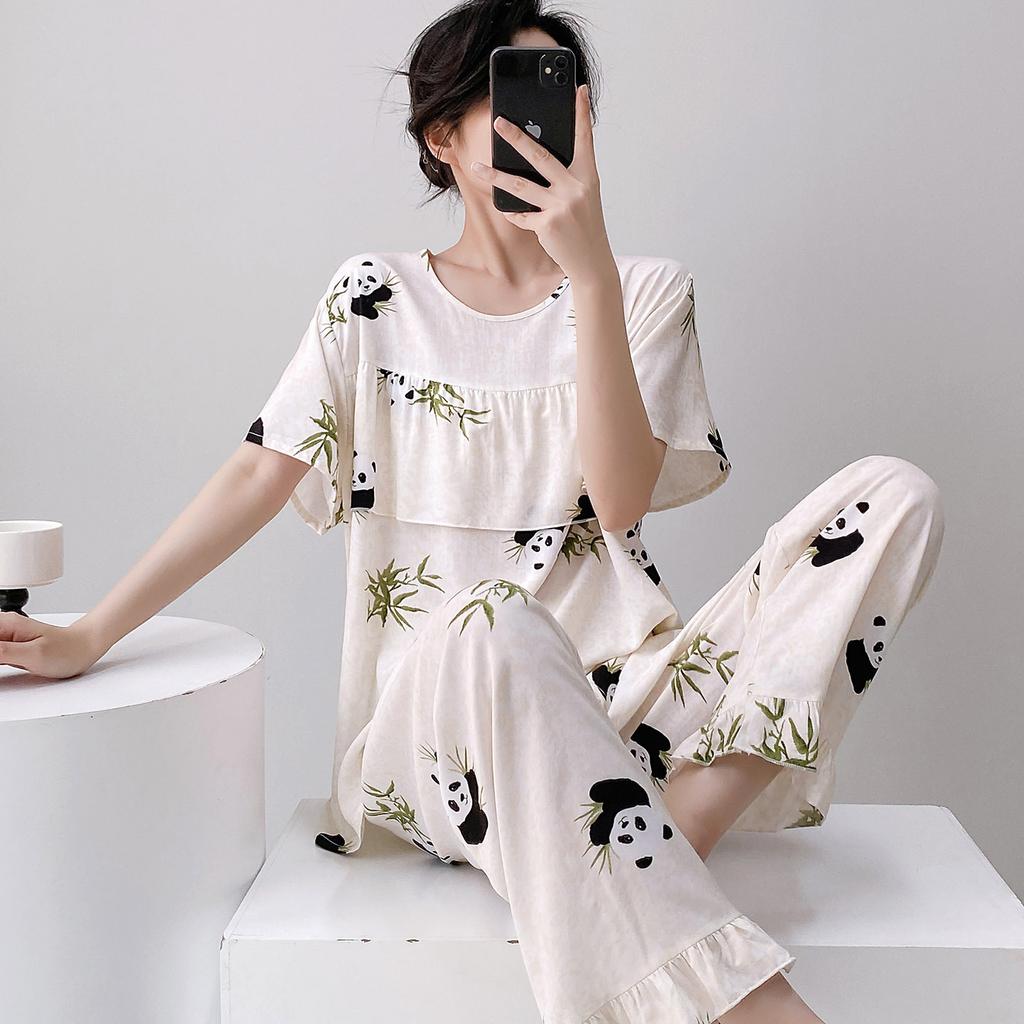 Short-sleeved Trousers Cotton and Silk Pajamas Women's Summer Thin Suit Japanese Sweet Anti-bumps Can Be Worn Outside Cotton Silk Loungewear