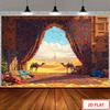 One piece of background fabric for an Arabian desert scene featuring patterns of camels carpets and throw pilloDJH