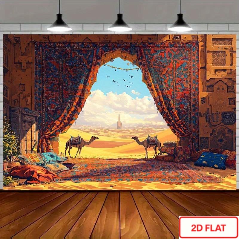 One piece of background fabric for an Arabian desert scene featuring patterns of camels carpets and throw pilloDJH