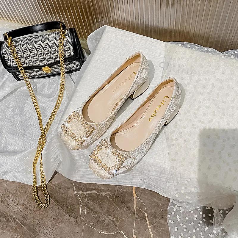 New Shoes for Women Luxury Pumps France Style New OL Silks Vamp Casual High Heels Shoes Pearl Rhinestones Dress Shoes 35-43 35 хаки