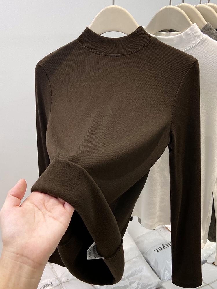 Autumn/Winter 2025 Women's Ribbed Half-High Neck Velvet-Lined Base Layer Shirt with Stand Collar