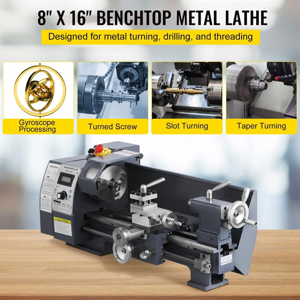 Aktualisierte 750W Mini-Metall Drehmaschine 8x16 Zoll Metall Drehmaschine mit Luxus-Zubehörkasten, 50-2500 U/min Stufenlos Variable Geschwindigkeiten MT3 Spindelkonus Metall Drehmaschine
