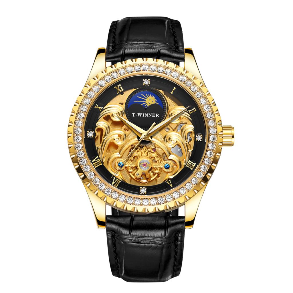 Luxury Men's Gold Case Mechanical Watch with Moon Phase Stainless Steel Strap Waterproof Automatic Wristwatch for Male Fashion