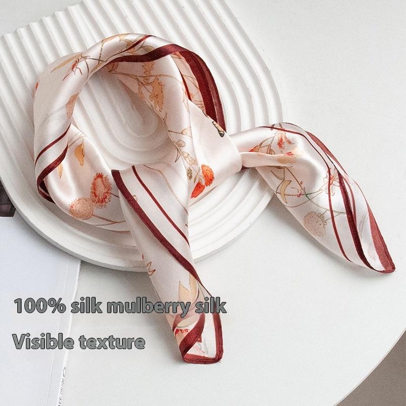 53X53Cm Neck Protection Small Scarf  Fresh Spring And Summer Printing 100% Mulberry Silk Small  Square Scarf Thin