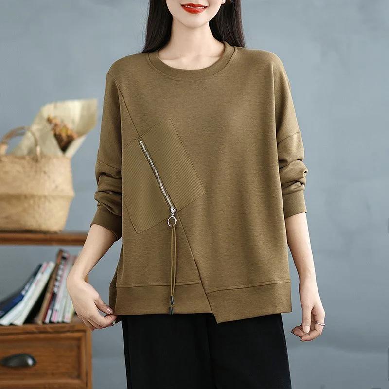 Autumn and Winter Loose Long-sleeved T-shirt Base Shirt Design Sense of Niche Irregular Round Neck Sweatshirt for Women