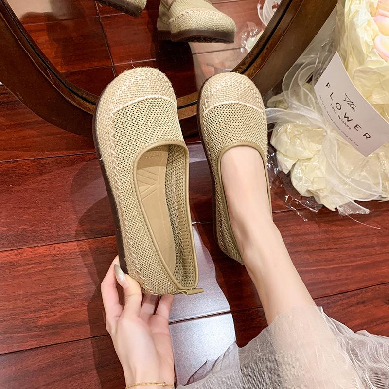 Straw Fisherman Shoes Women's 2025 New Summer Hollow Mesh Shoes One Pedal Maternity Shoes Breathable Shallow Mouth Single Shoes Mother