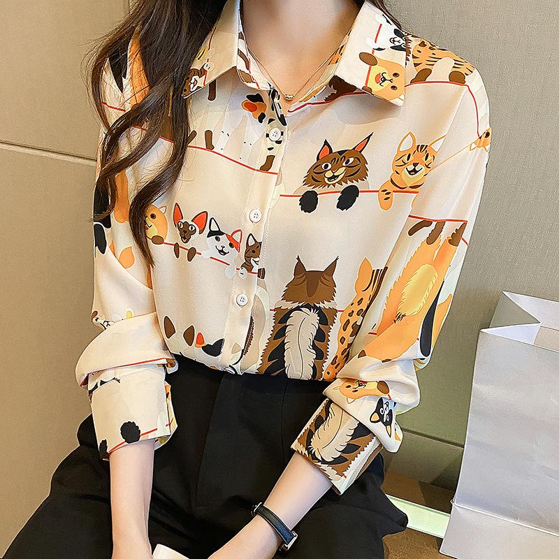 Autumn Fashion Temperament Printed Collar Chiffon Shirt Loose Top for Women Shirt