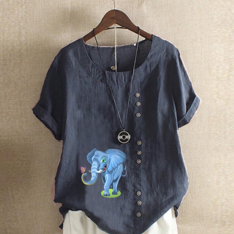 Women's Fashion Elephant Print Short Sleeve T-shirt Loose Cotton Shirt Casual Loose Summer Blouse Tops Plus Size