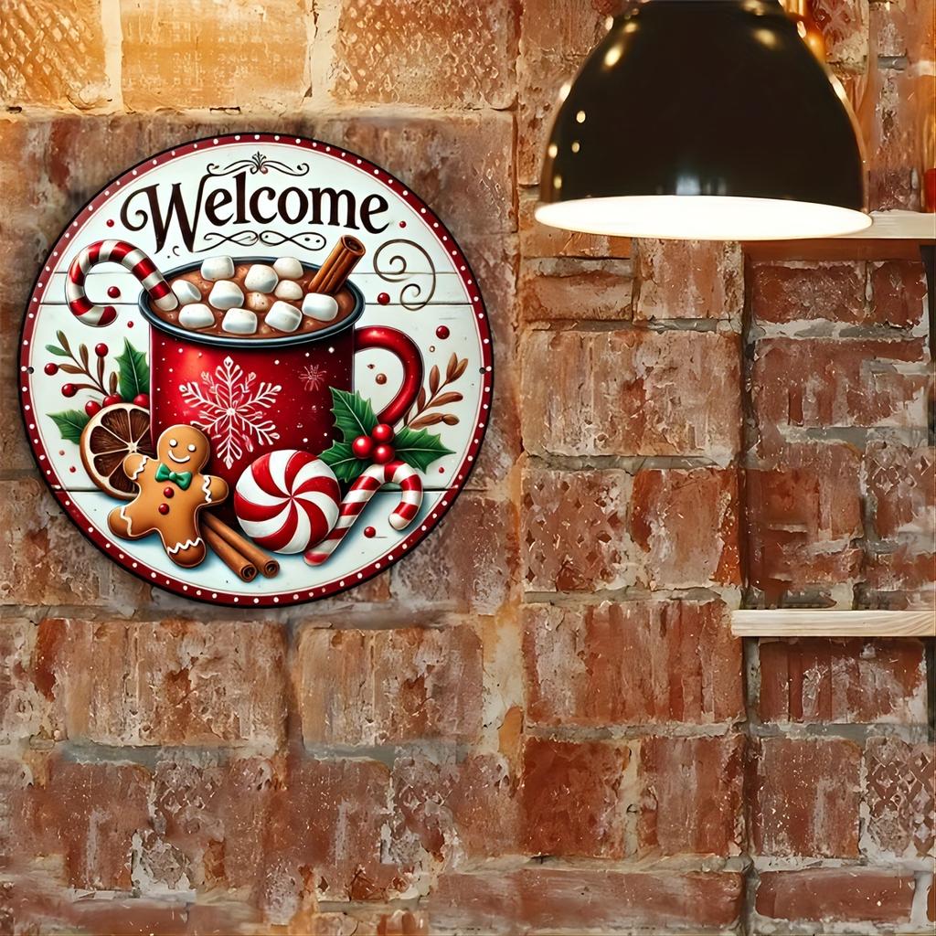 Hliníková fólie vyřezávaná vánoční uvítací cedule - kulaté dekorační talíře 8x8 palců s perníčky a svátečním věncem pro pokoje, stěny