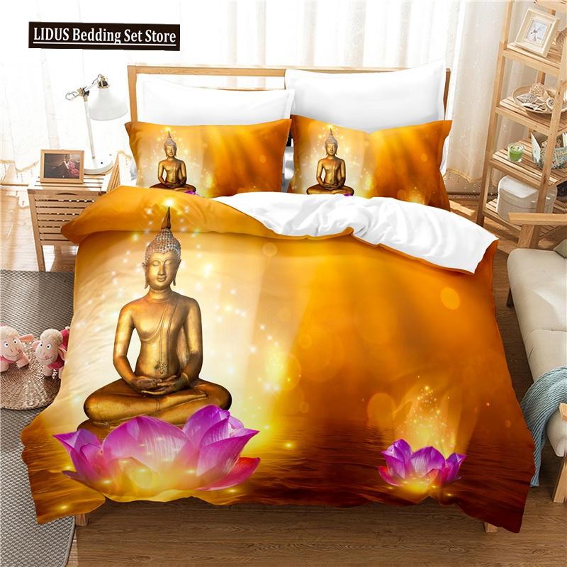 Buddha Statue Duvet Cover Set 3D Digital Printing Gold Queen King Size Bedding Set For Kids Boys Girls Polyester Comforter Set