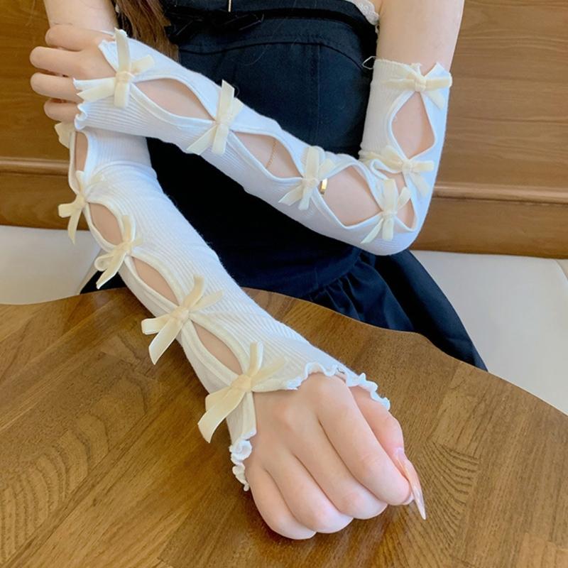 Flocking Bowknot Arm Sleeves for Women Teens Girl Elegant Hollowed Out Decorative Sleeves JK Arm Decors Party Oversleeve