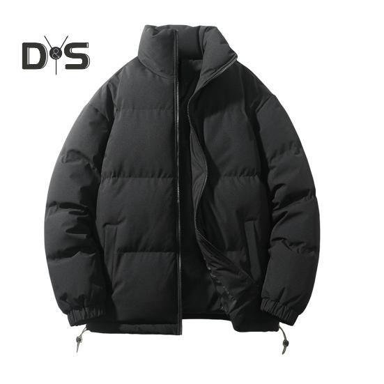 Women Men Cotton Coat Stand Collar Long Sleeve Drawstring Hem Puffer Jacket with Pockets Loose Fit Warm Winter Outerwear