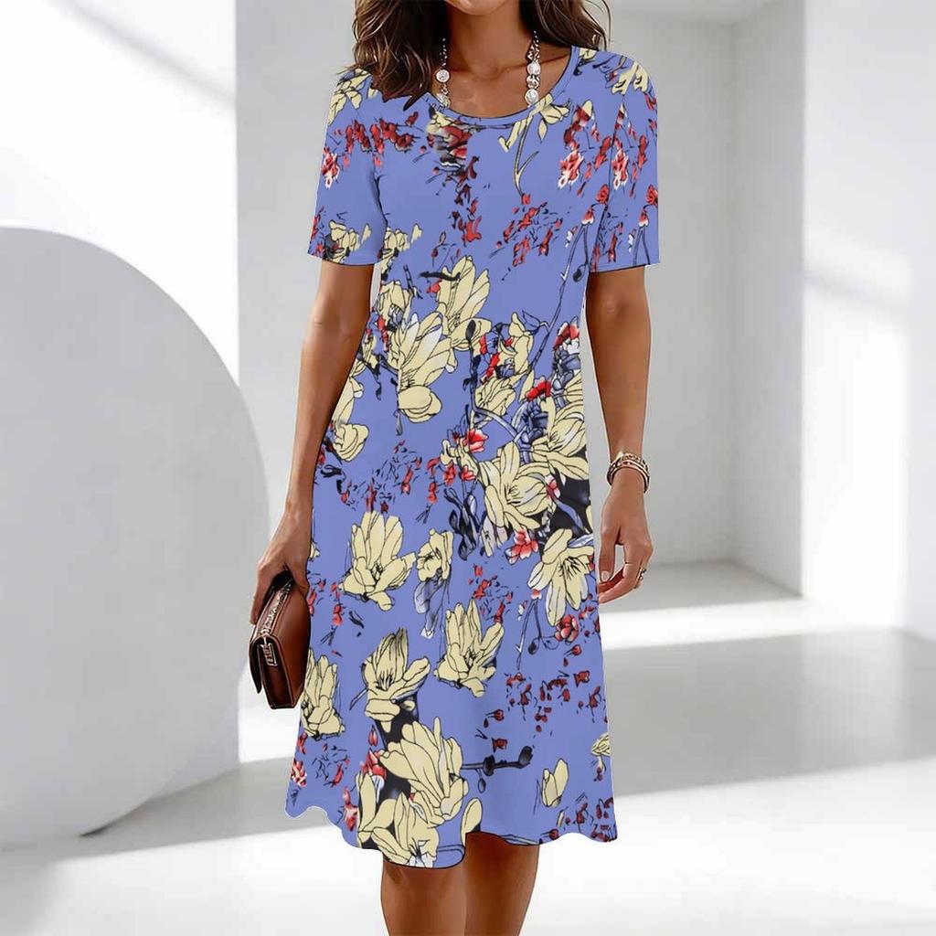Women's Fashion Graceful Beautiful  Flowers  Print Summer Spring Short Sleeve O-Neck Casual Dresses