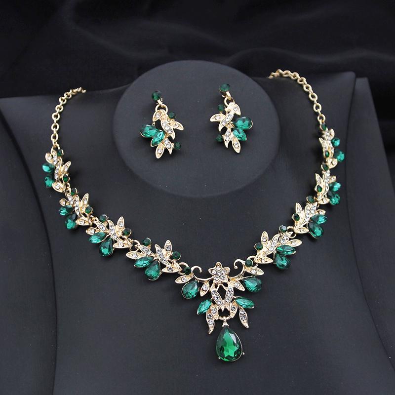 Exquisite 2 Pcs Set Flower Pink AB Crystal Bridal Wedding Jewelry Sets for Women Dangle Earrings and Necklace Sets Blue Green