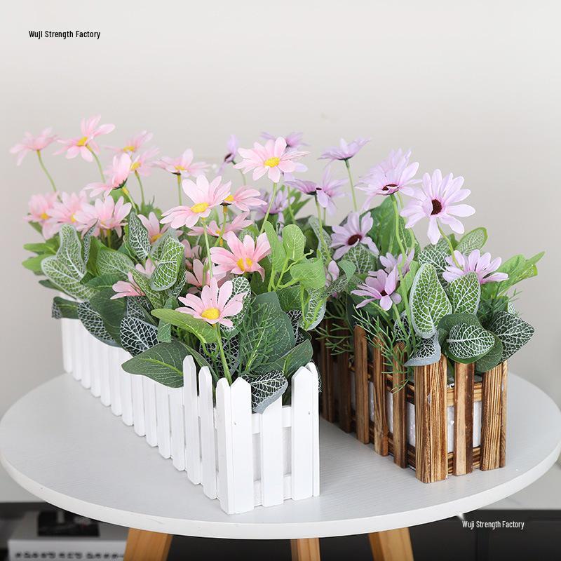Silk Flower Pot with Wood Fence: Decorative Bonsai for Living Room or Office.