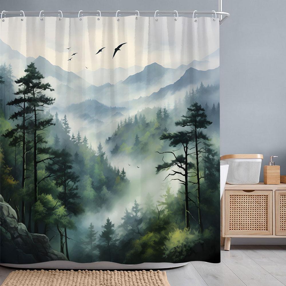 Misty Forest Watercolour Shower Curtain Geese Faraway Mountain Nature Landscape Fabric Shower Curtains Bathroom Decor with Hooks