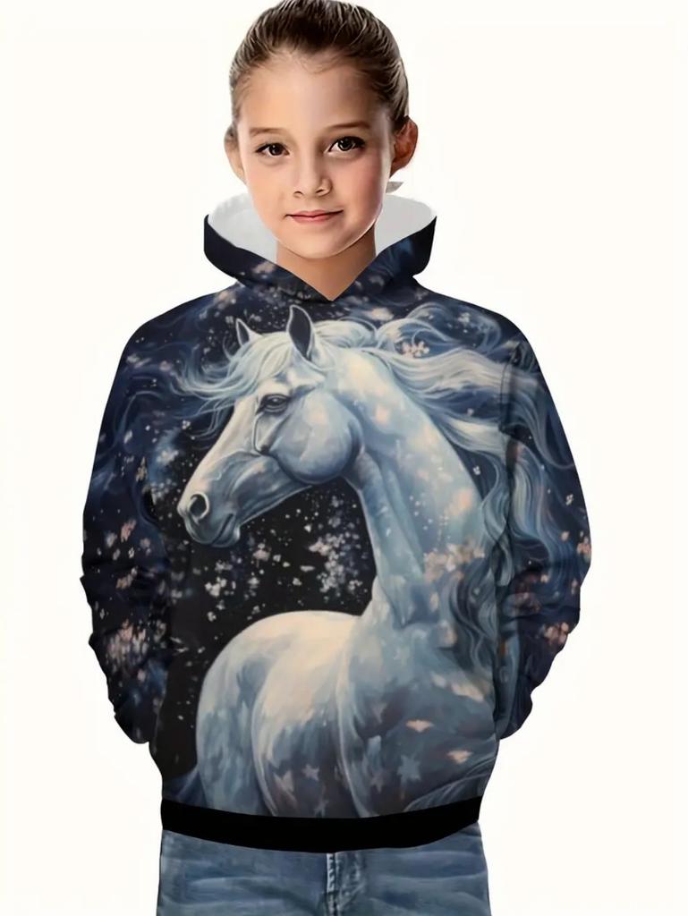 Mädchen 3D Tier Pferd Muster Langarm Kapuzenpullover, Bequeme Kleidung für Kinder