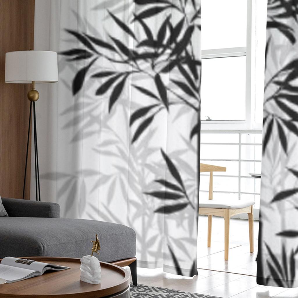 Bamboo Black White Luxurious Chiffon Sheer Curtains for Living Room Bedroom Decoration Window Voiles Tulle Curtain