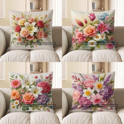 Home Decor Bouquet Of Flowers Decorative Throw Pillow Pattern Cushion Cover Suitable For Sofa Bedroom Car Pillow Cover
