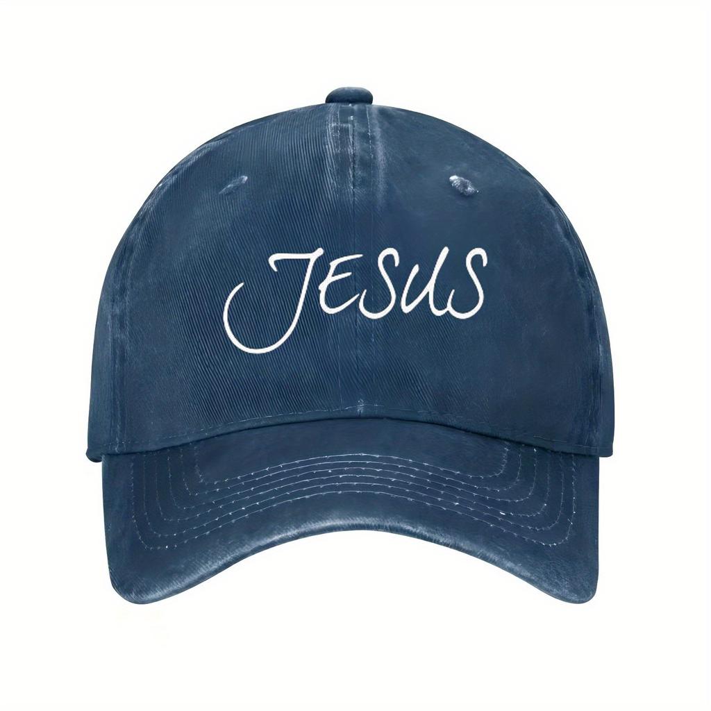 Jesus Cursive Lettering Baseball Cap Polyester Distressed Casual Unisex Hat for Church Events