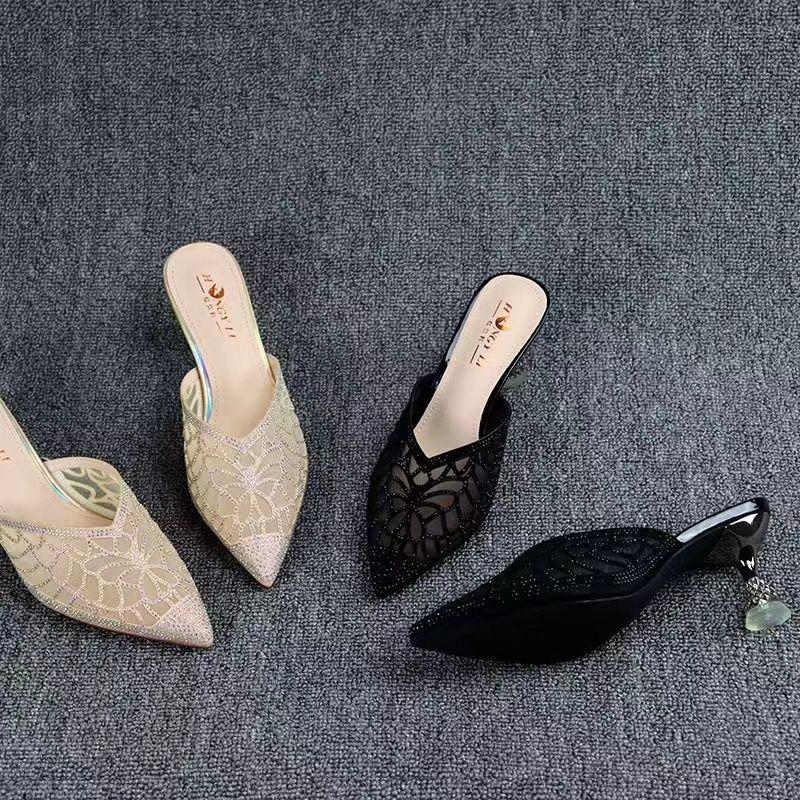 Fashion FHC 2024 New Microfiber Leather Rhinestone Hollow Out Slides,Women Slippers,Summer Shoes,Close Pointed Toe,Slip On,Gold,Dropship