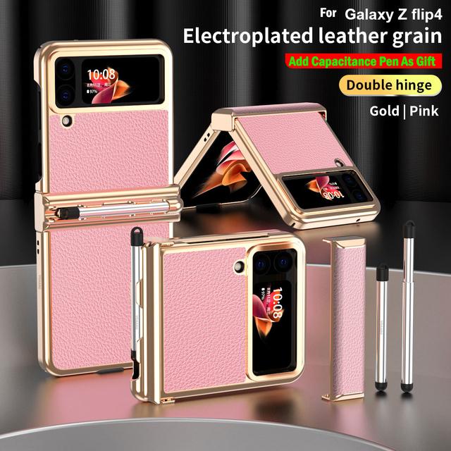 For Samsung Z Flip 4 etui Dobbelt hengsel med pennspor plating lærdeksel for Galaxy Z Flip 4 hengslet etui + kapasitans berøringspenn