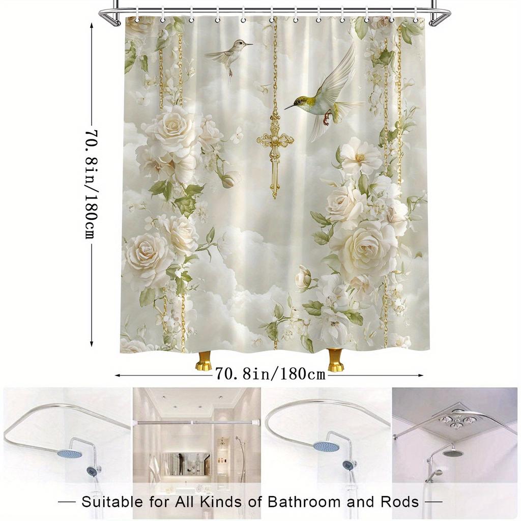 1pc Golden Cross & White Roses Shower Curtain - Heavenly Clouds Design, Waterproof Polyester, Spiritual Art