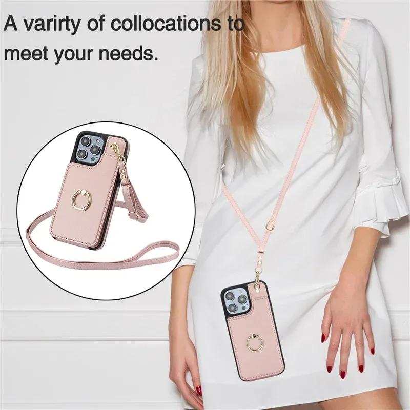 Ring Crossbody Leather Wallet Card Solt Phone Case for iPhone 16E 16 Pro Max 15 14 Plus 13 12 11 X SE 2022 Flip Purse Cover Bag